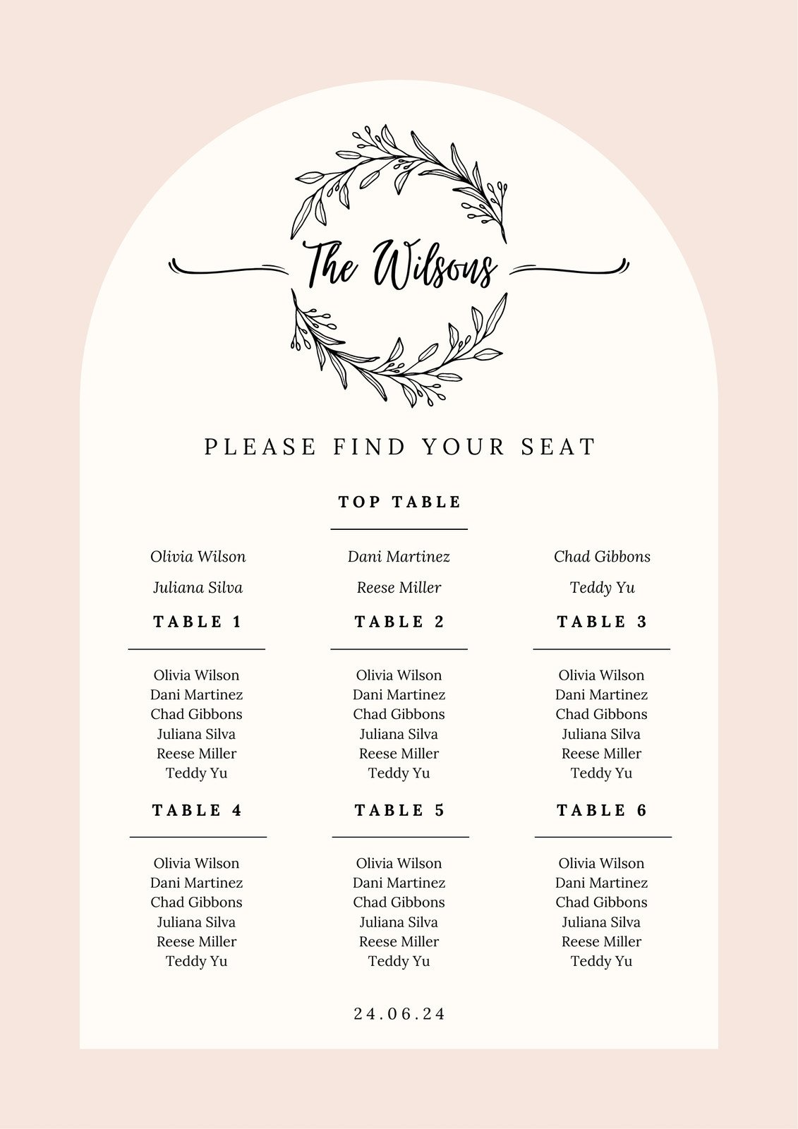 Pink and Cream Floral Elegant Wedding Seating Chart