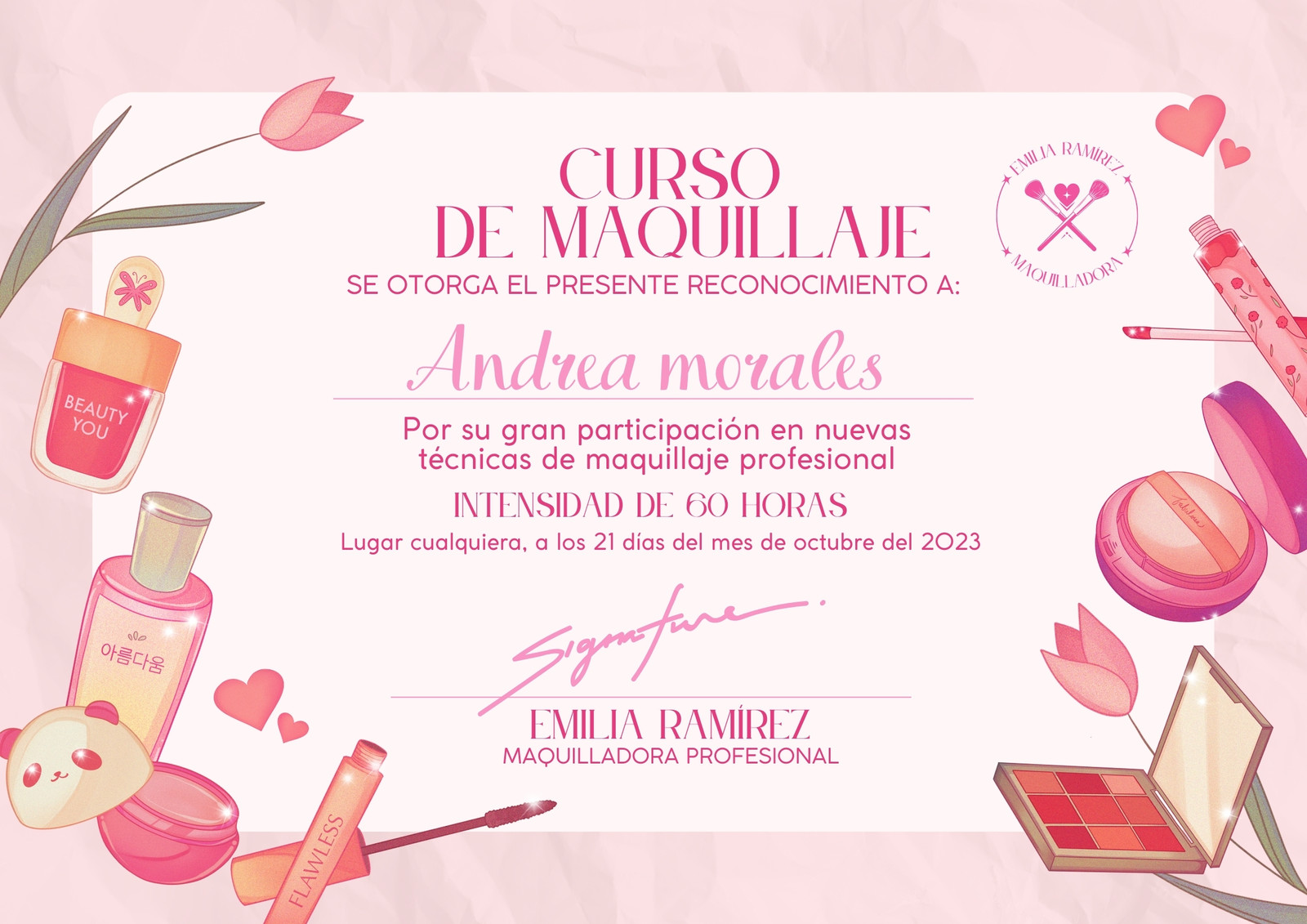 Reconocimiento Curso de Maquillaje Belleza Diploma Ilustrado Rosado
