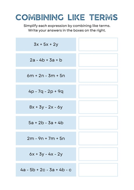 Customize 20 Combining Like Terms Worksheets Templates Online Canva 3448