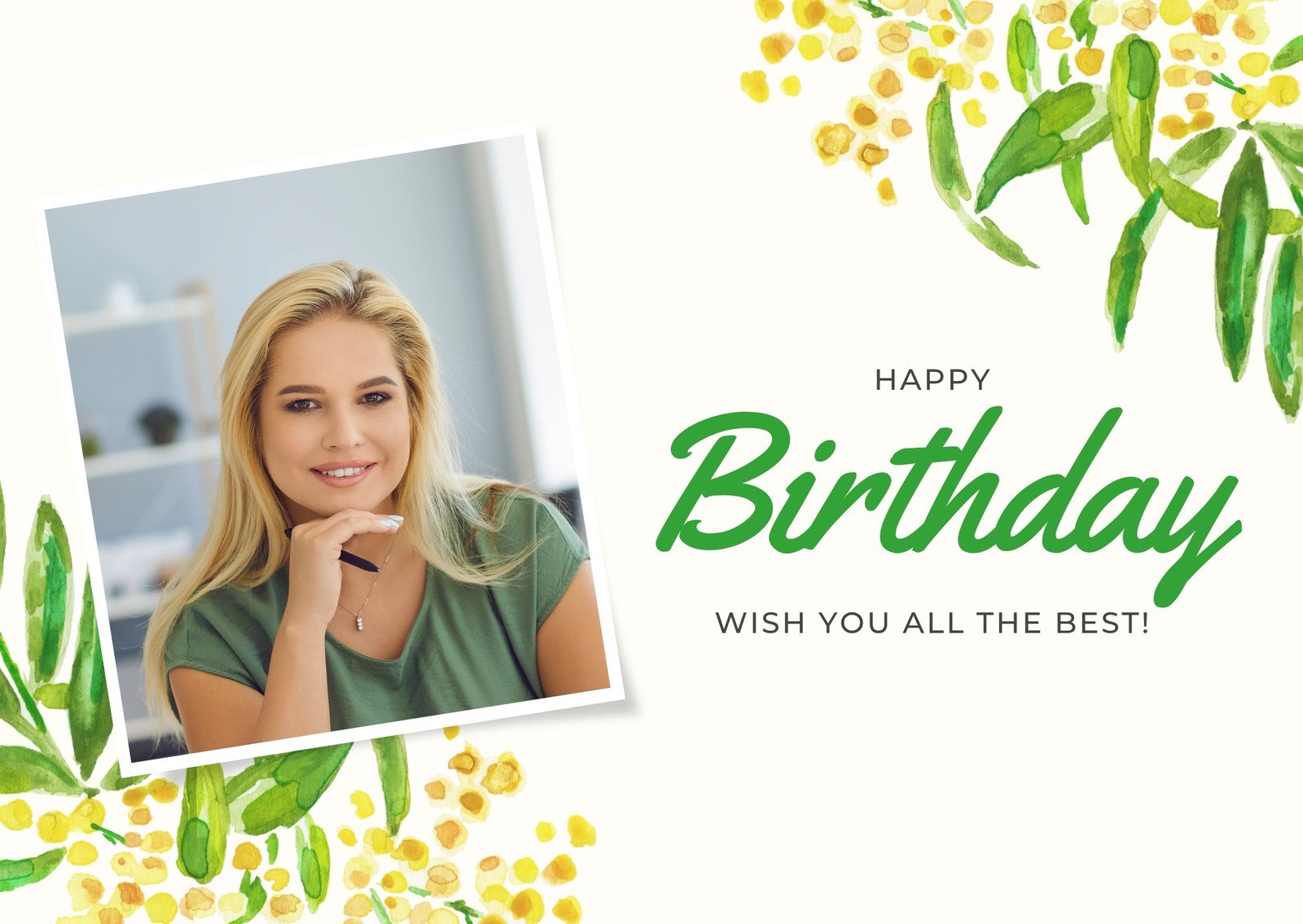 Yellow and Green Floral Photo Birthday Card