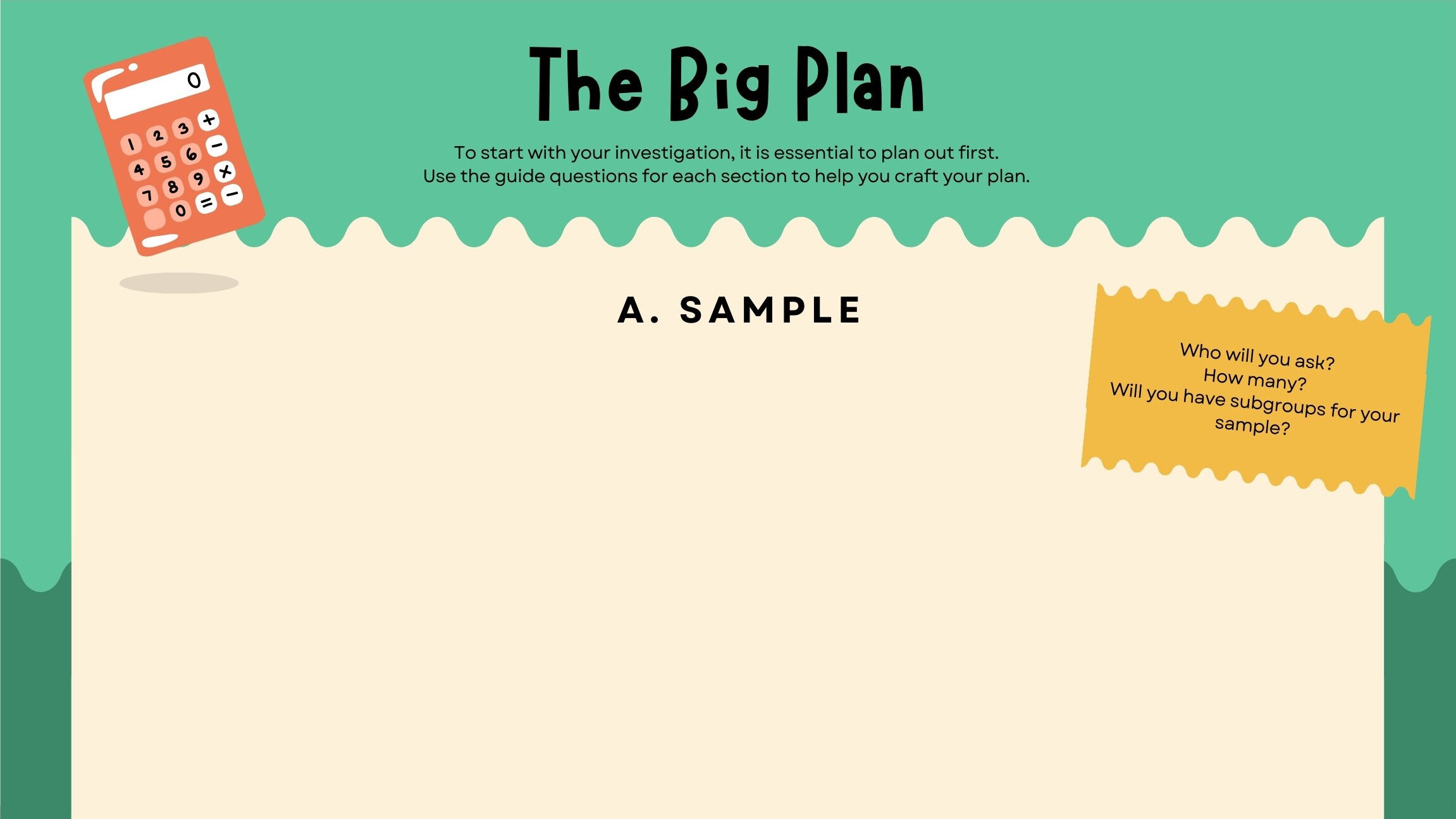 The Big Plan: Research and Sampling Techniques Education Whiteboard in Green Cream Yellow Nostalgic Handdrawn Style
