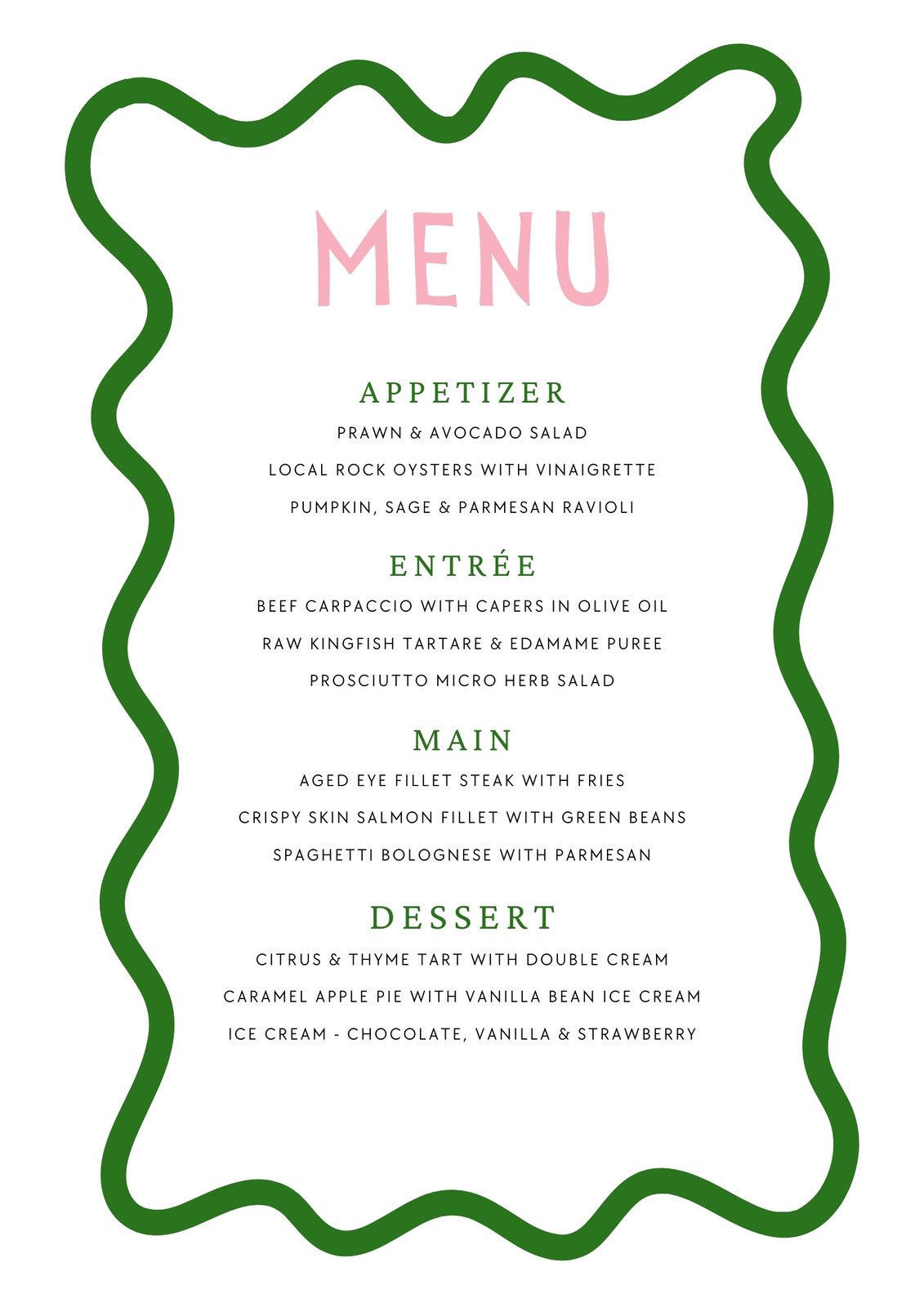 Green Pink Trendy Scalloped Wavy Dinner Party Menu