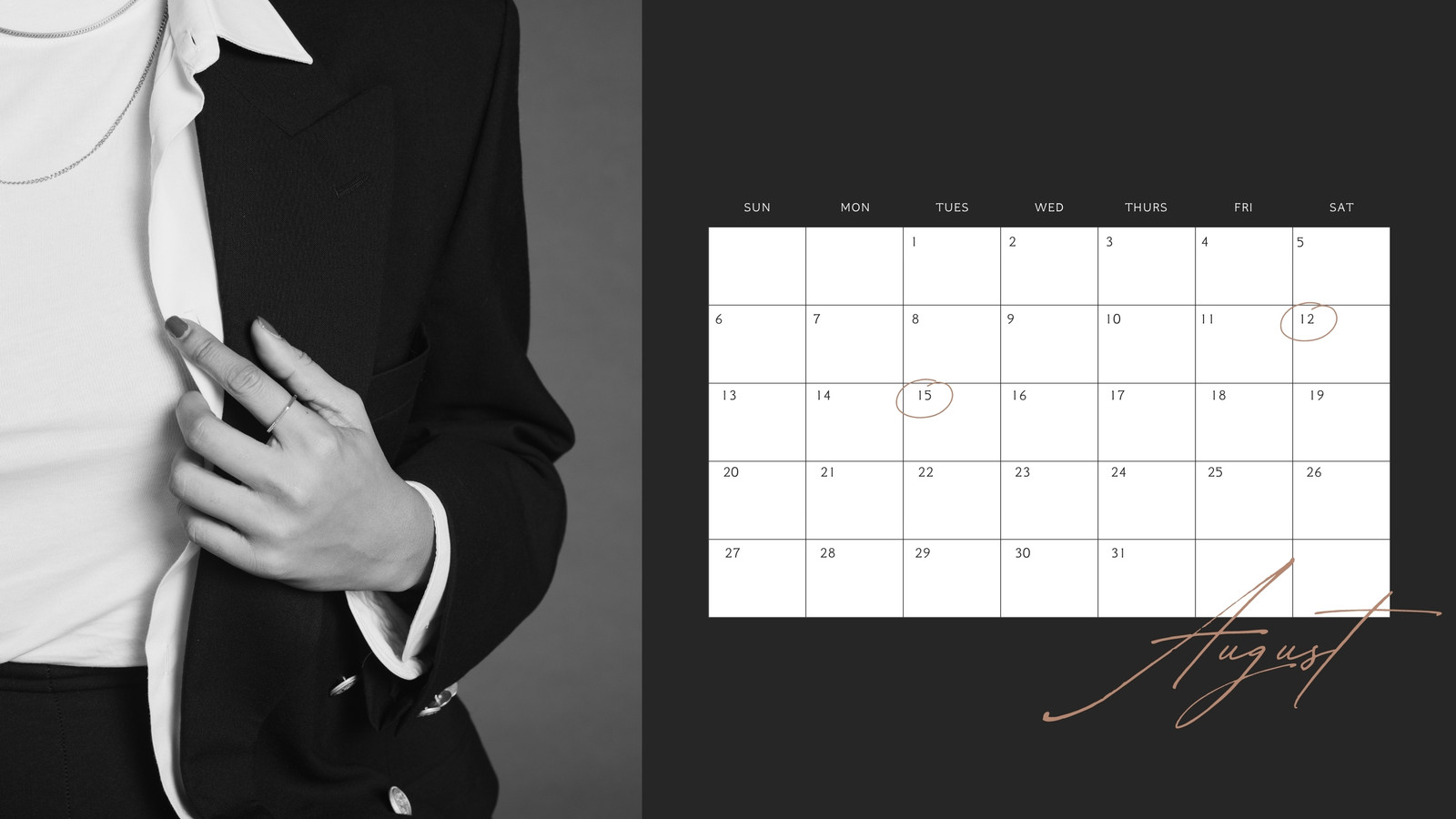 Black Modern Elegant August Photo Calendar