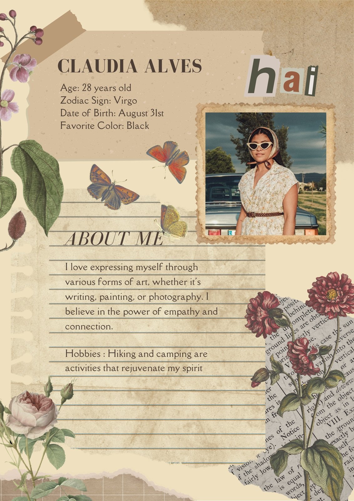 Beige Floral Aesthetic Vintage Scrapbook Personal Profile Poster