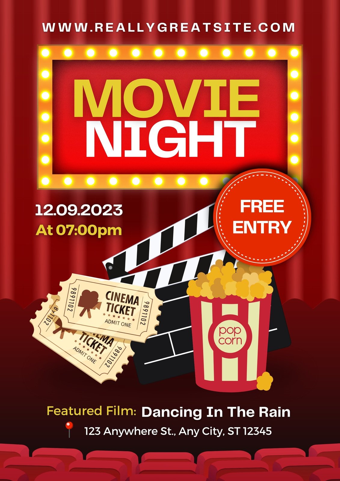 Red and Yellow Illustrative Movie Night Poster