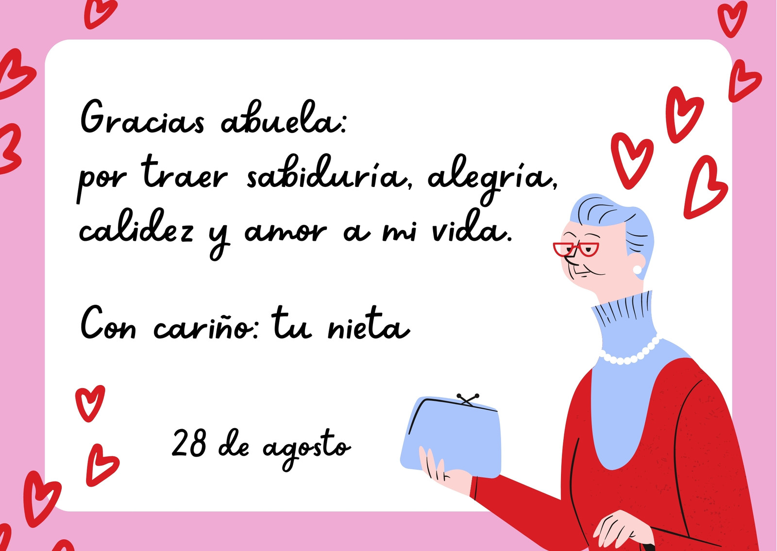 Tarjeta Horizontal Día del Abuelo Ilustrado Rosa