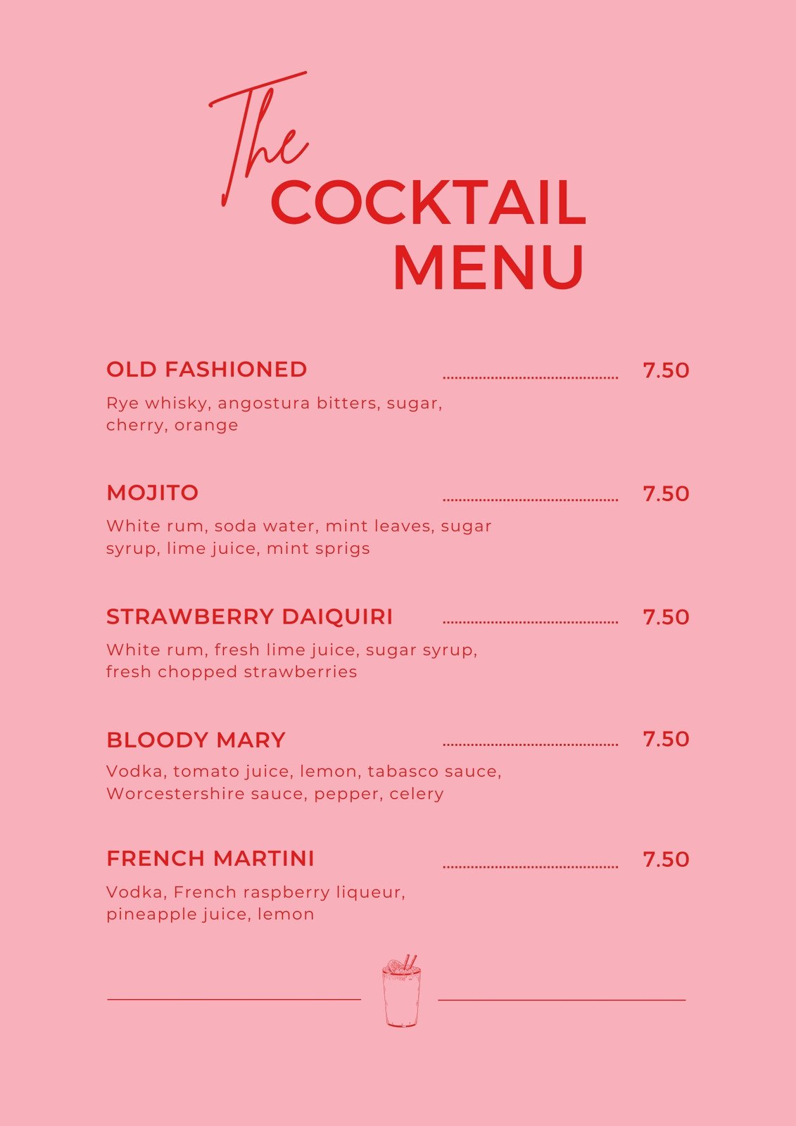 Pink and Red Pattern Cocktail Menu