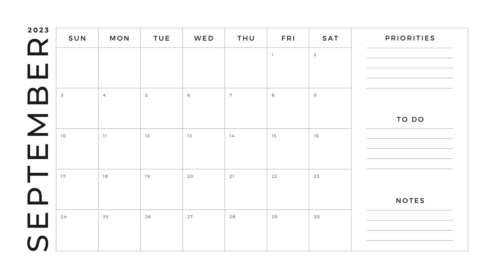 White Grey Minimalist Simple September 2023 Monthly Calendar