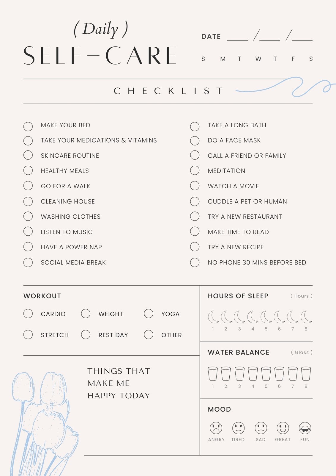 Off White and Blue Minimal and Chic Self Care Planner