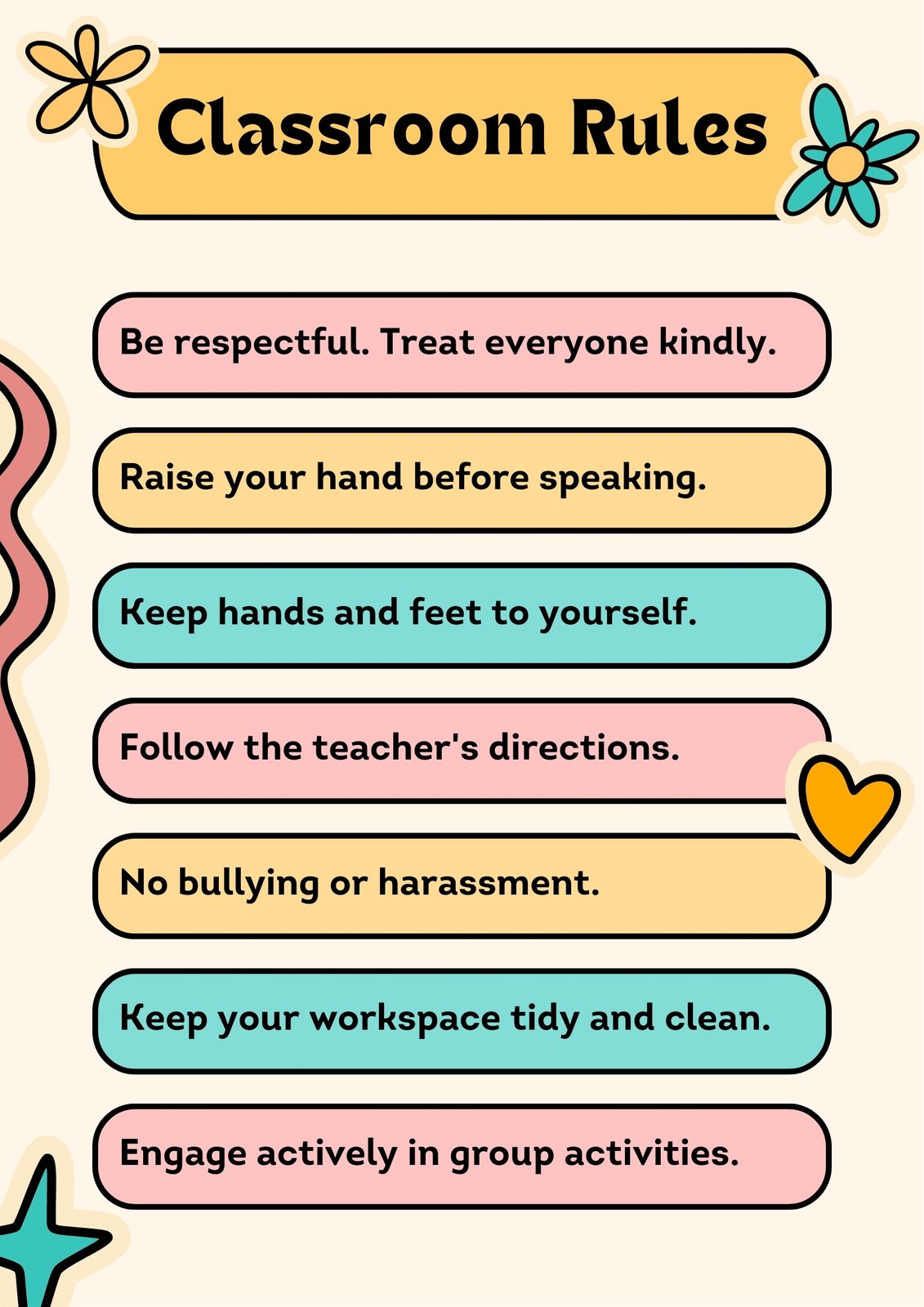 Classroom Rules Poster in Yellow Blue and Pink Retro Style