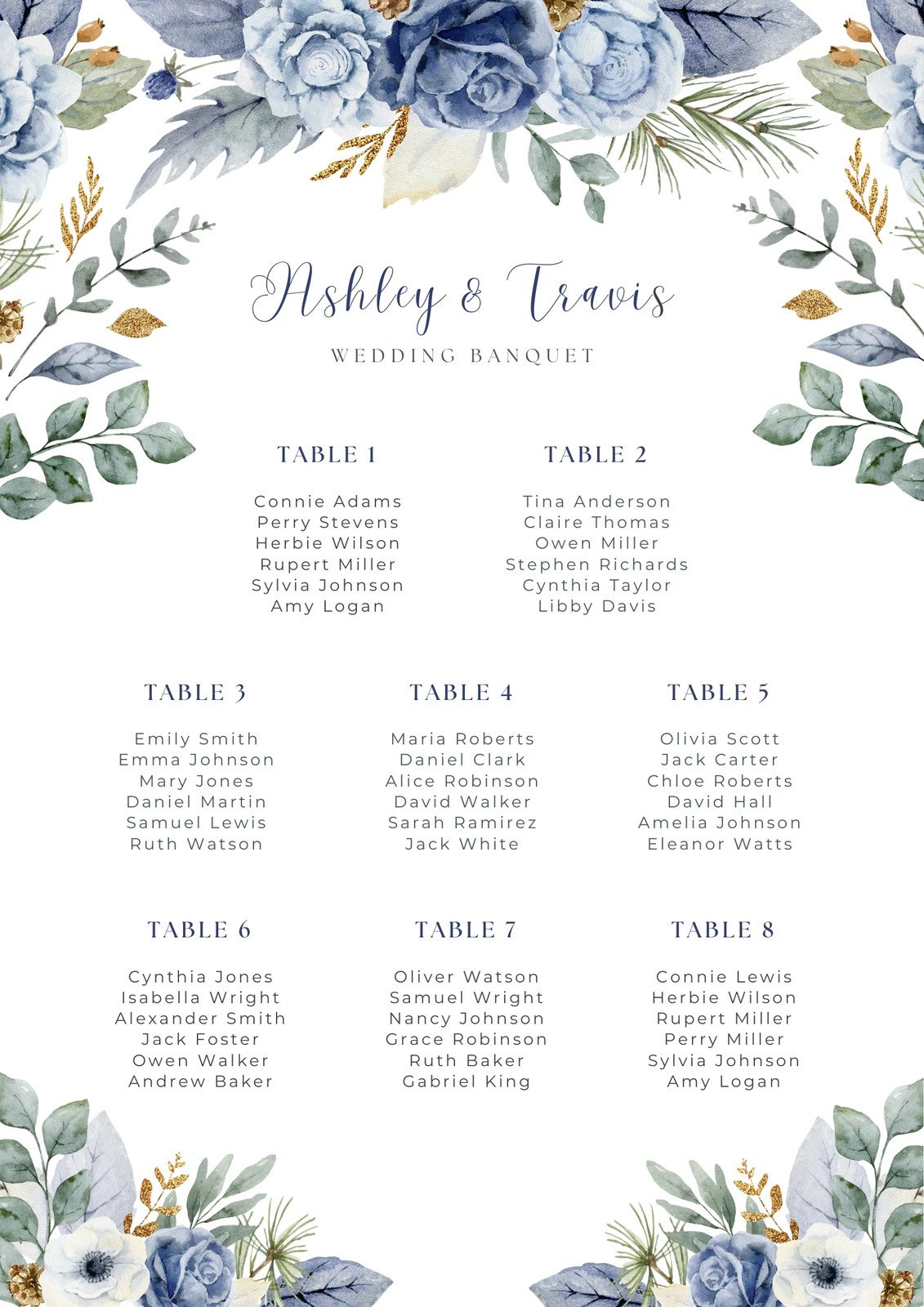 Dusty Blue Watercolor Floral Bouquet Illustration Wedding Seating Chart