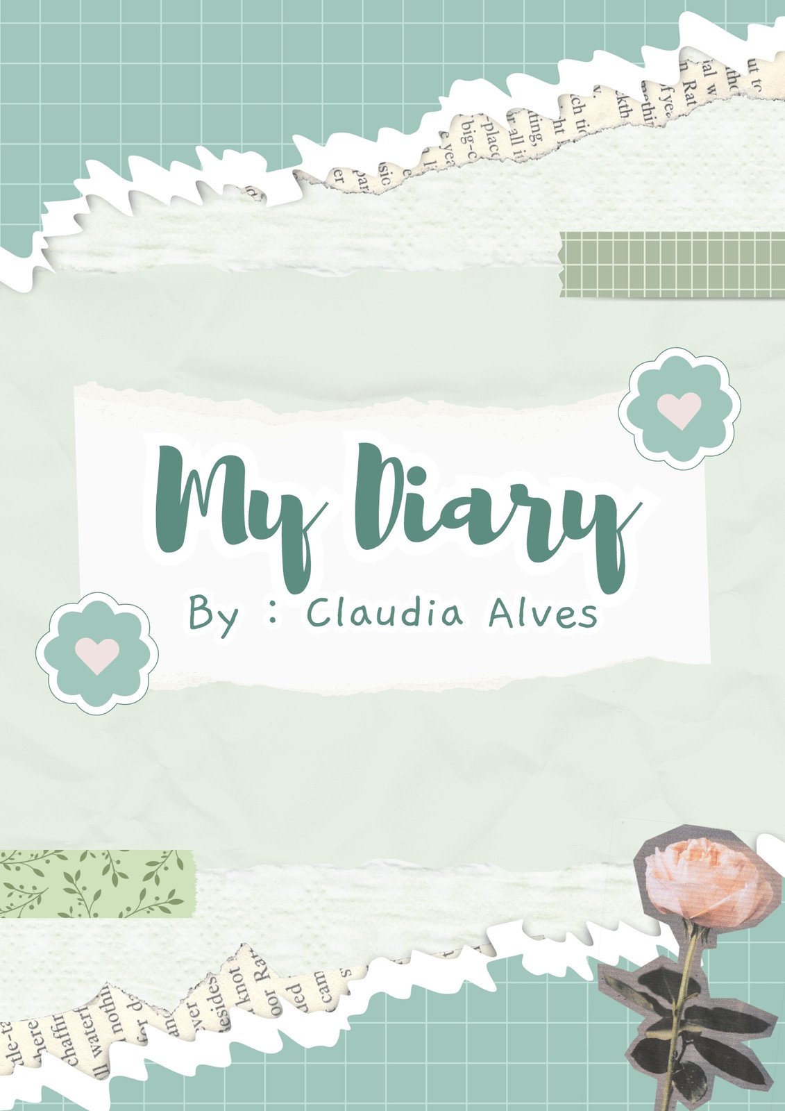Green White Cute Torn Paper My Diary Book Cover A4 Document
