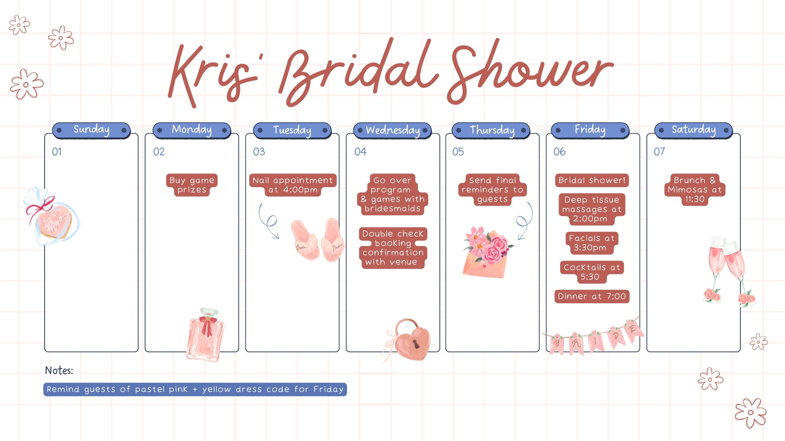 Bridal Shower Week Preparations Weekly Calendar in White Light Red Blue Journalcore Style