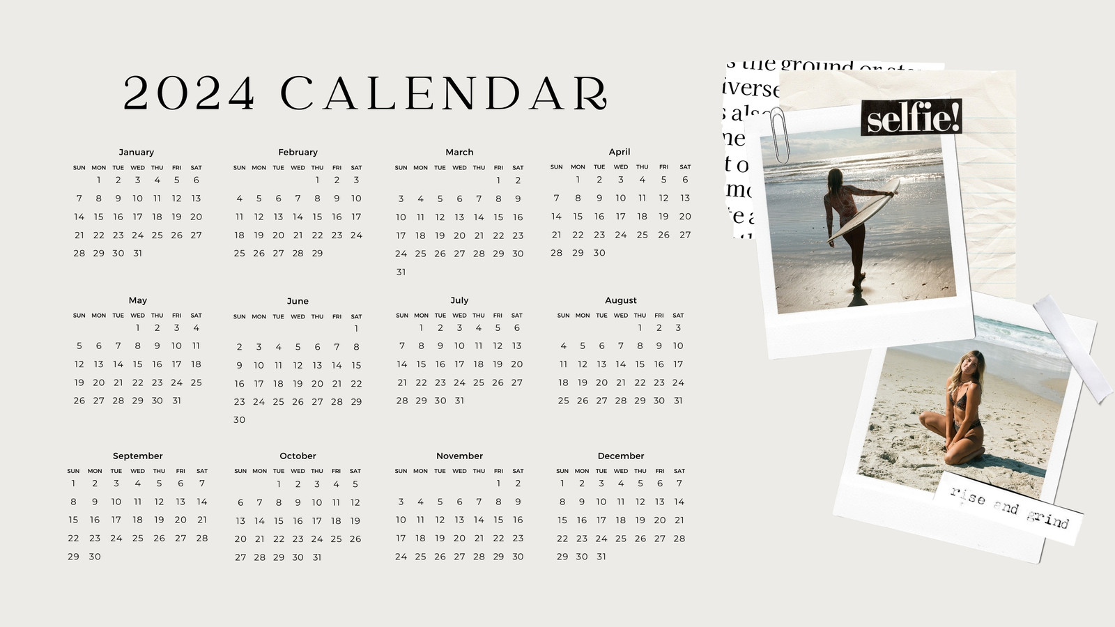 Beige Minimal Polaroid Photo 2024 Monthly Calendar