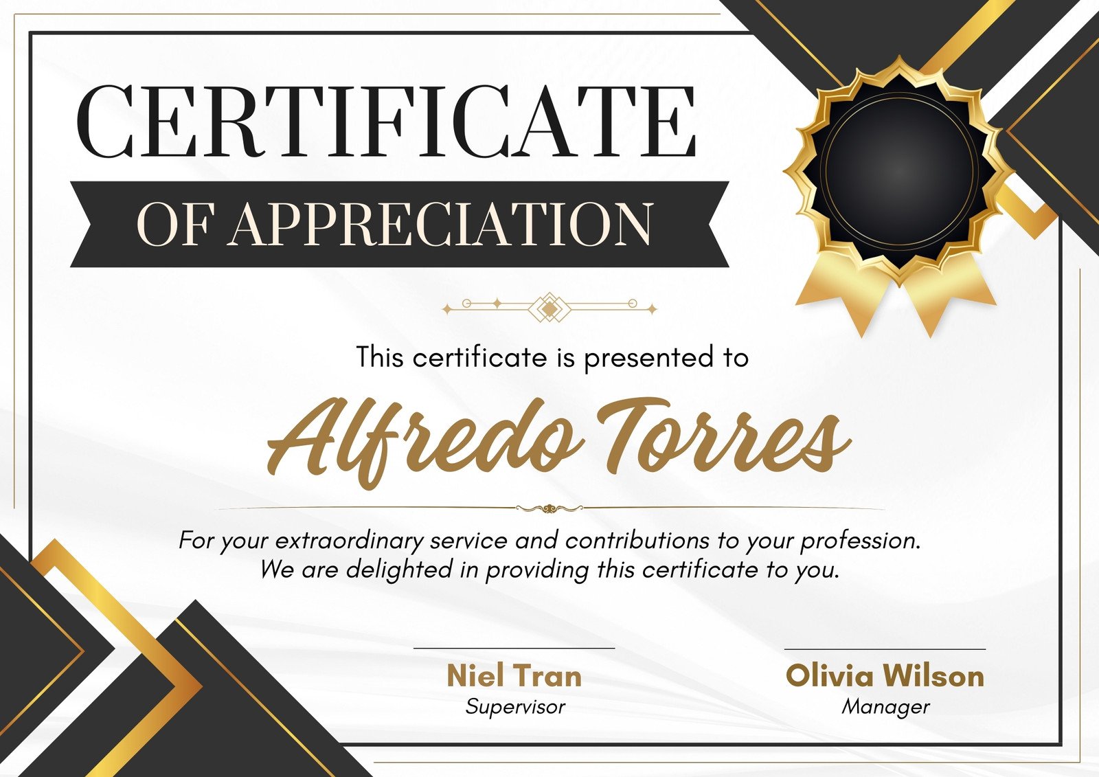 Gold and Black Modern Certificate of Appreciation