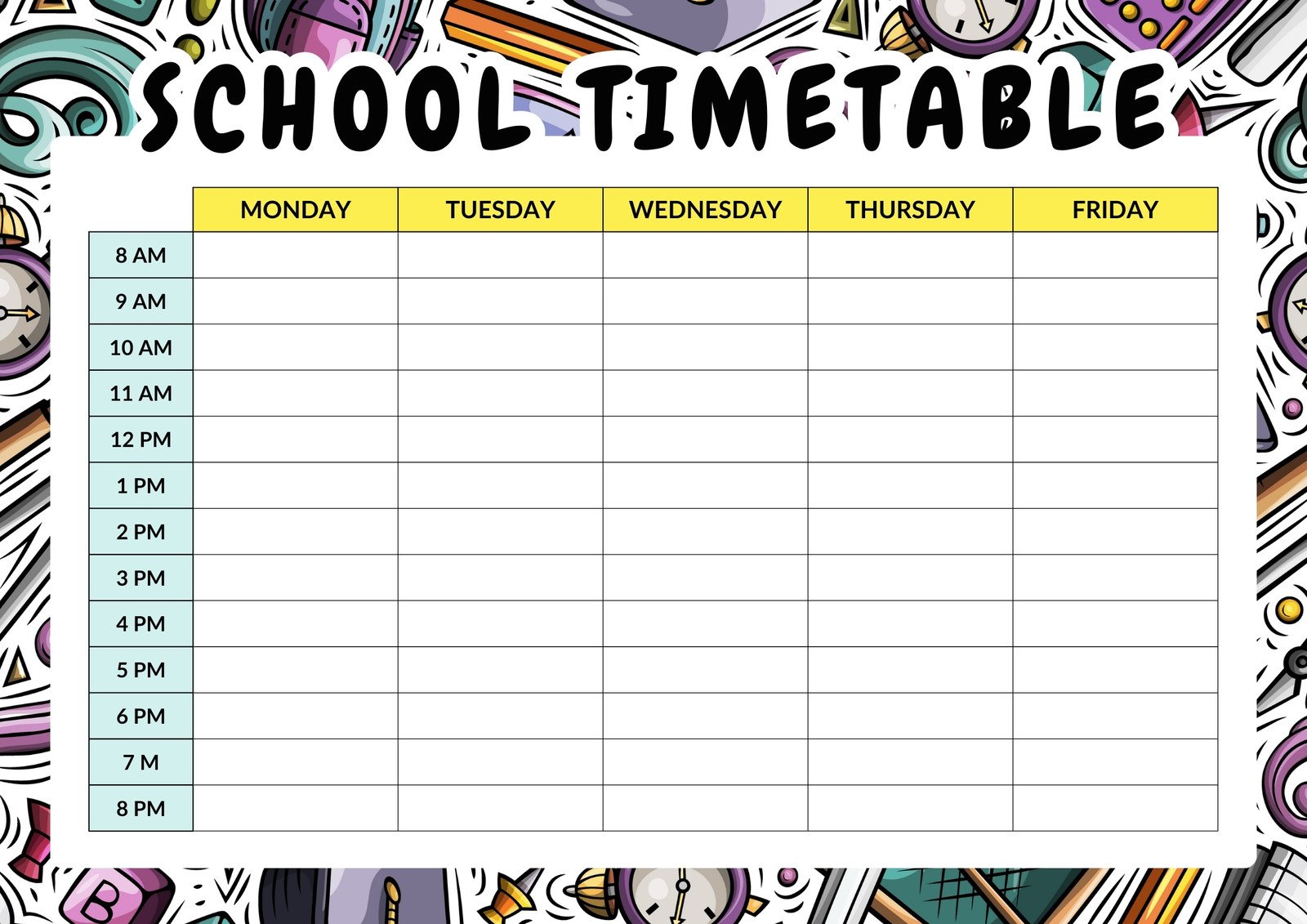 School Timetable Class Schedule in Multicolor Doodle Style