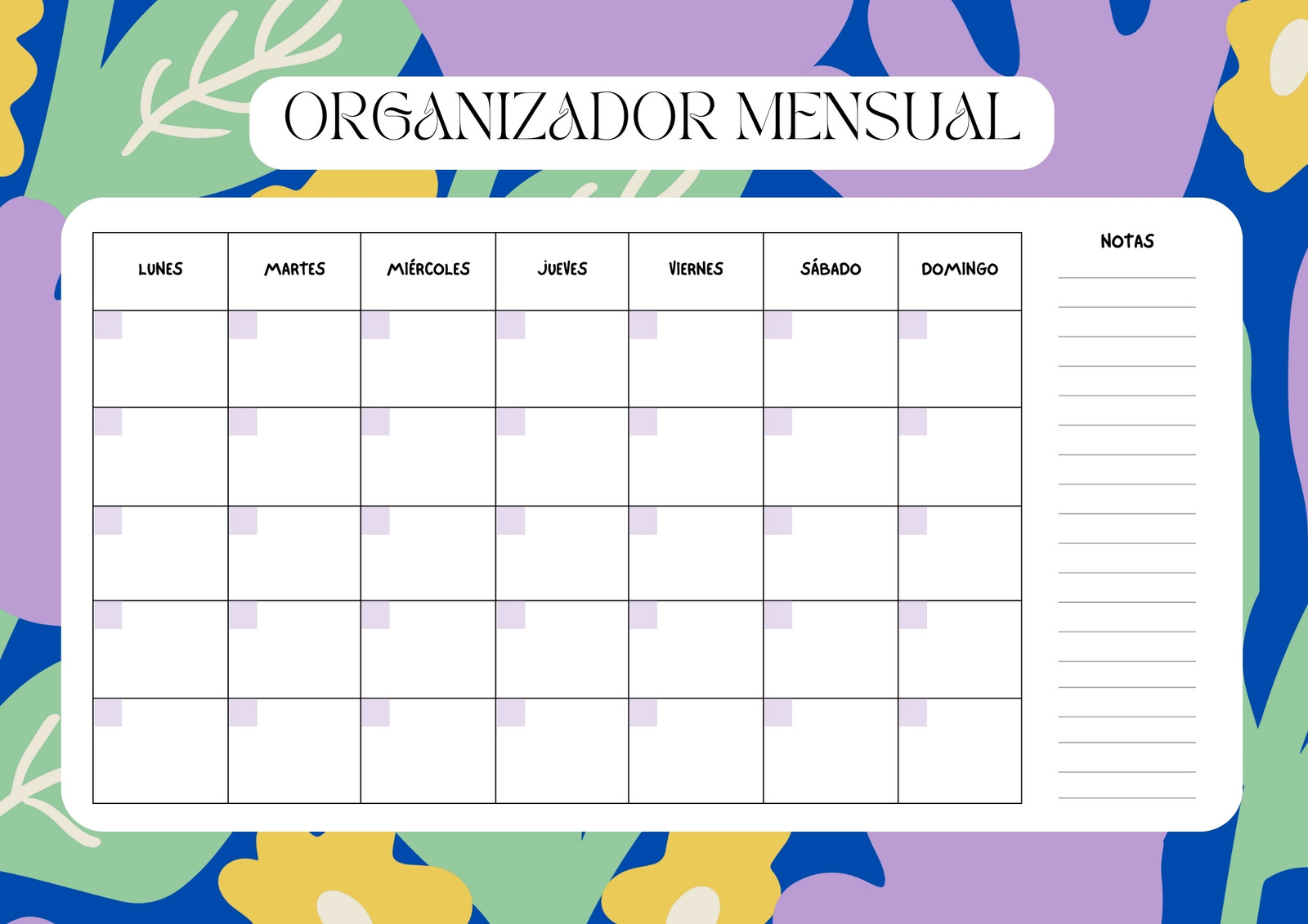 Organizador gráfico mensual sin fechas floral Lila