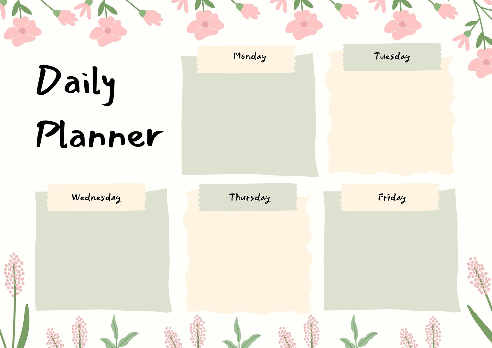 Pink Green Beige Soft Flowers and Note Papers Daily Planner