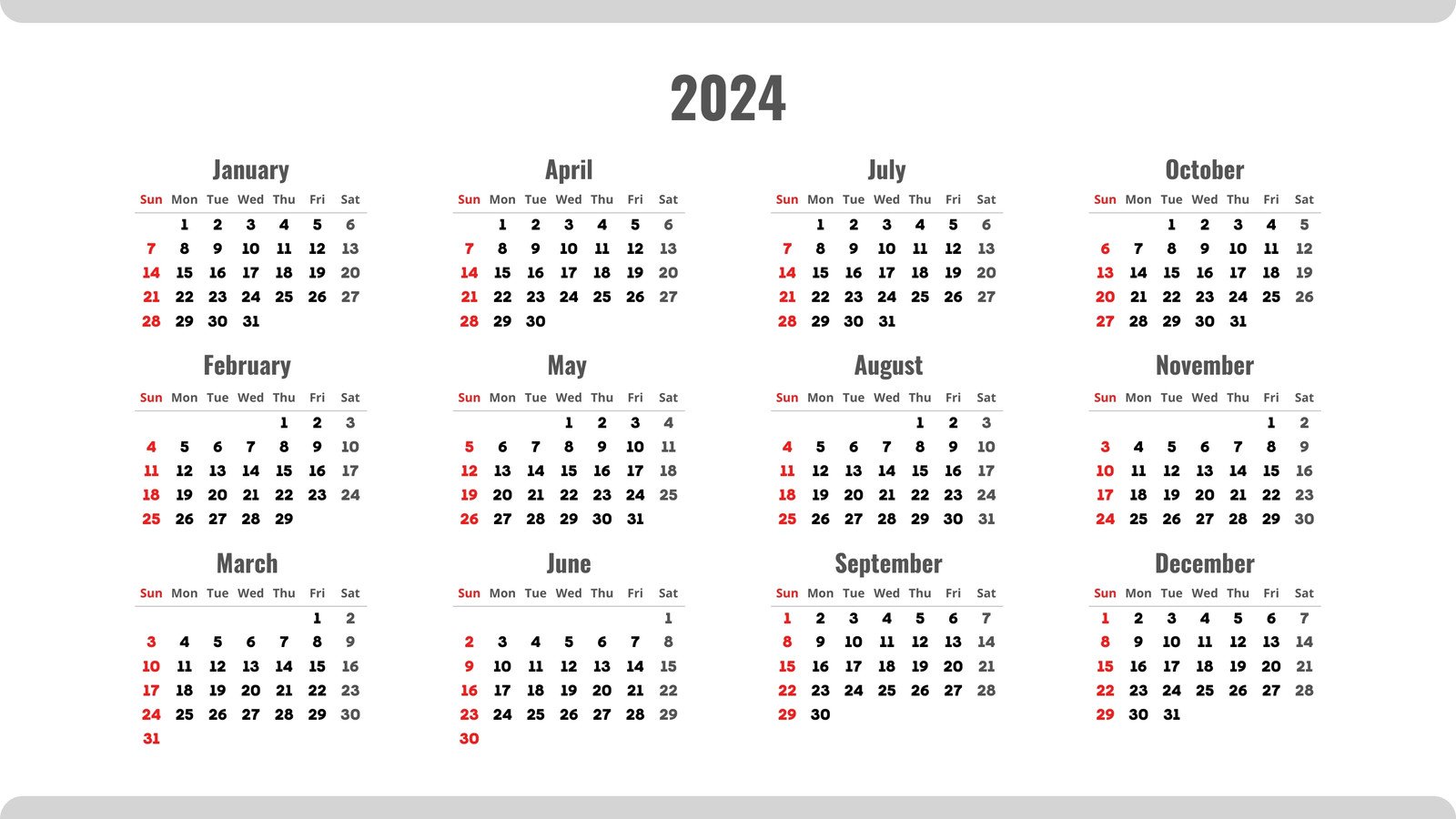White Gray Minimalistic Simple 2024 Calendar