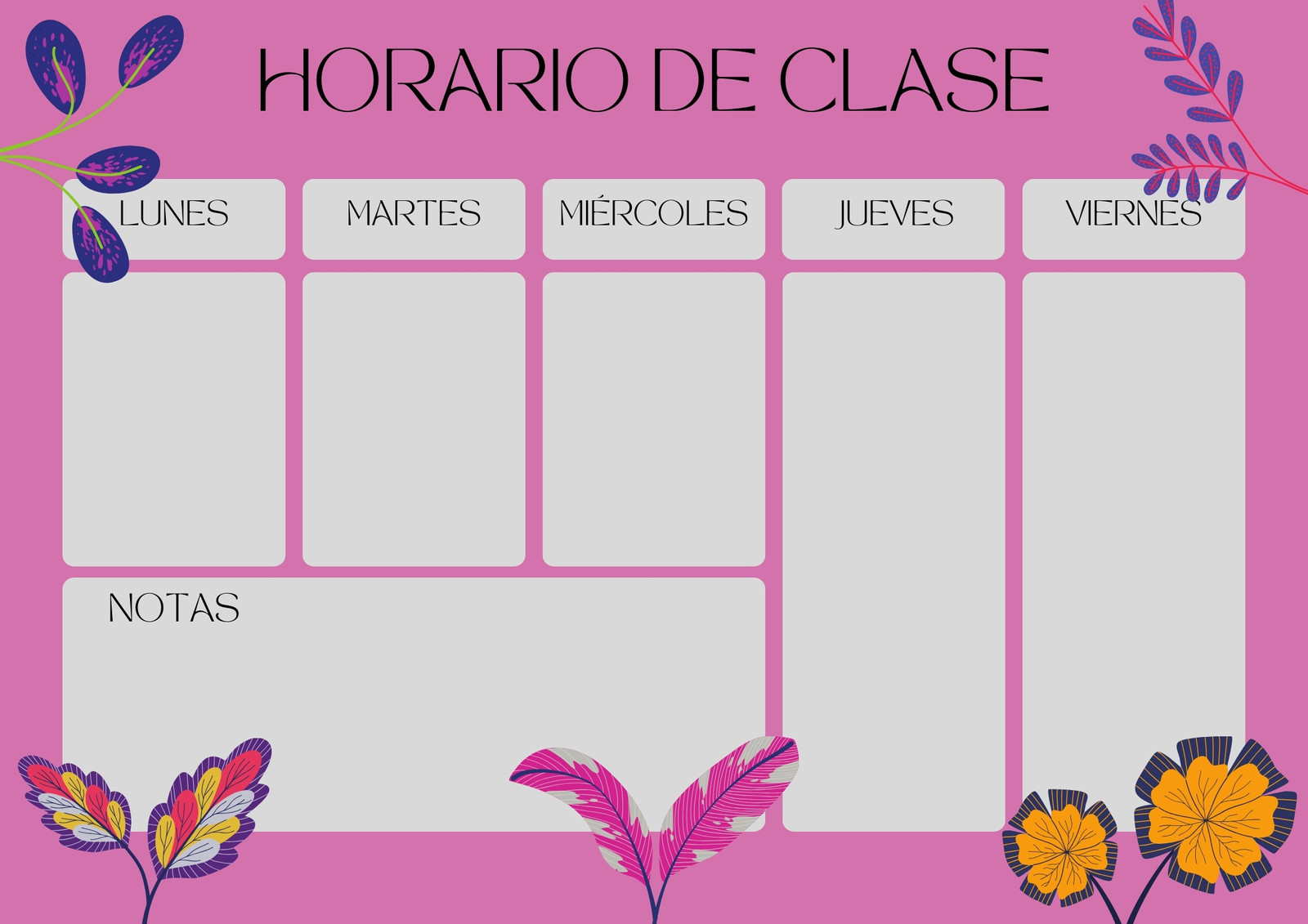 Horario de Clase Floral Divertido Rosa y Gris