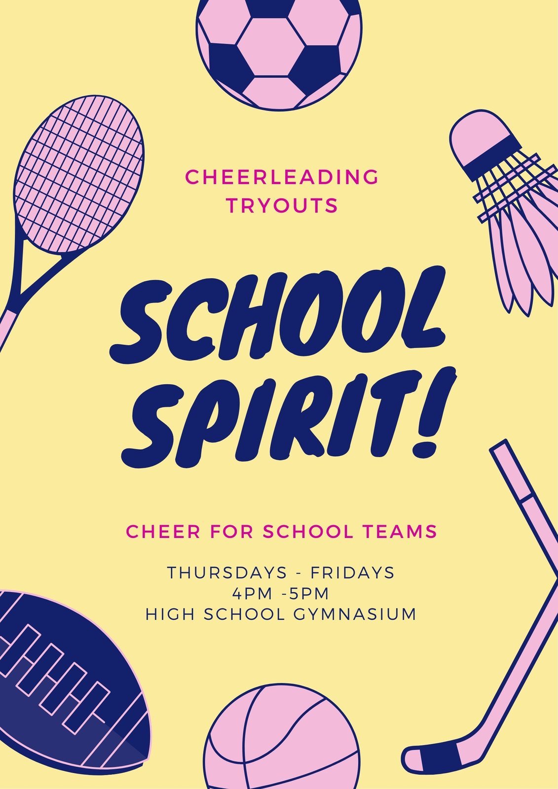 Sports Icons Cheerleading Poster in Yellow Pink Dark Blue Illustrative Style