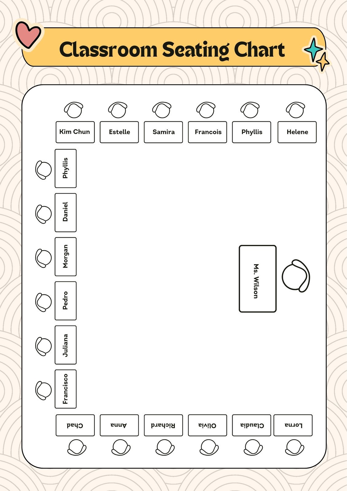 Classroom Seating Chart in Cream and Yellow Retro Style 