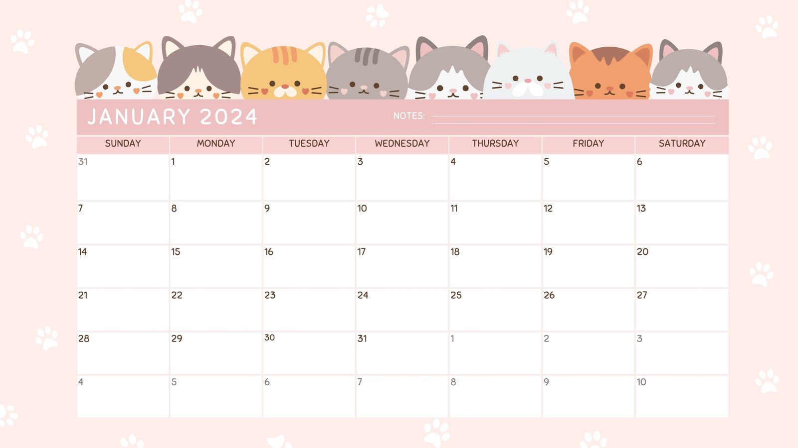 Pink and White Cute Playful January 2024 Calendar