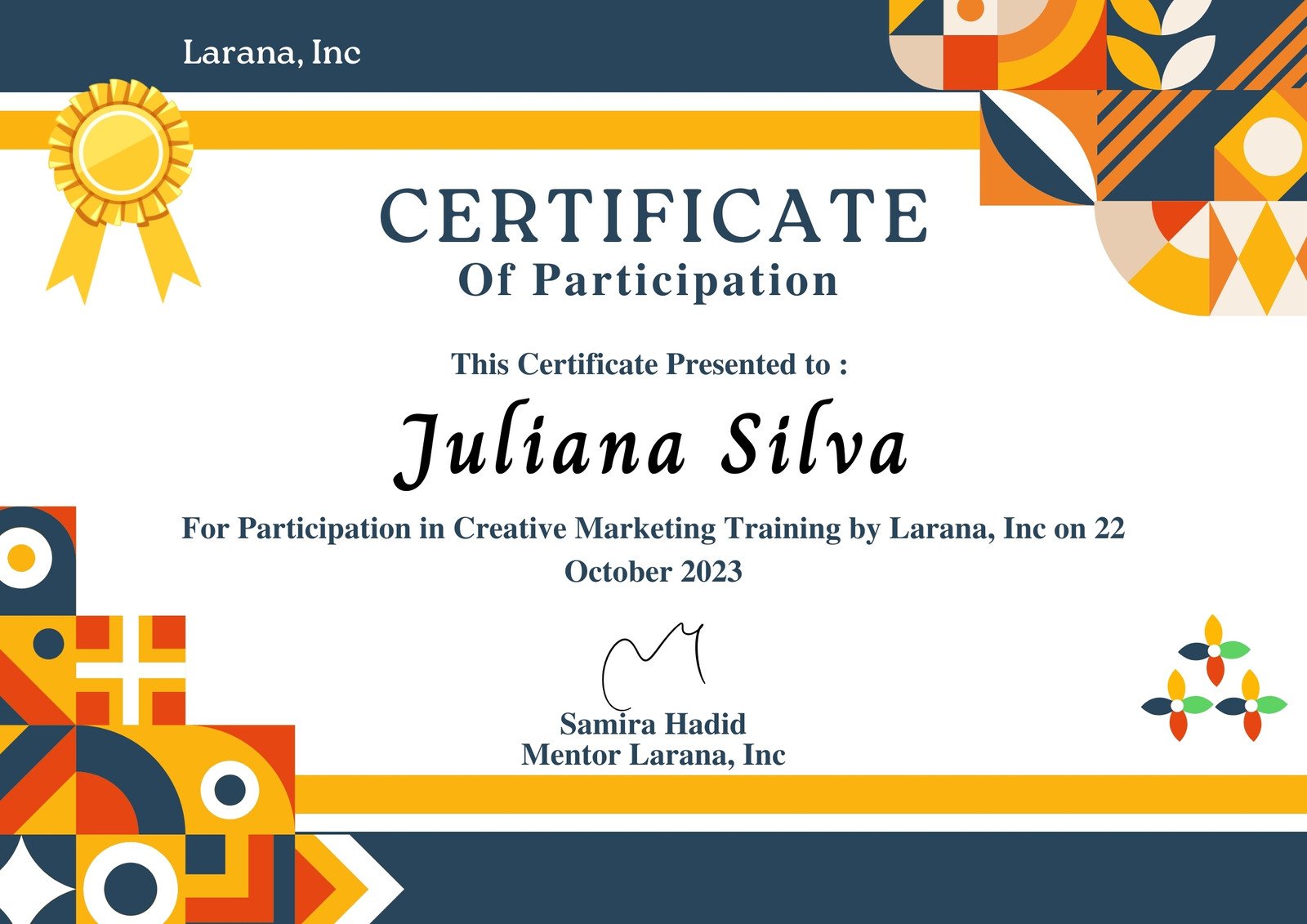 Blue Yellow Geometric Modern Certificate of Participation Certificate