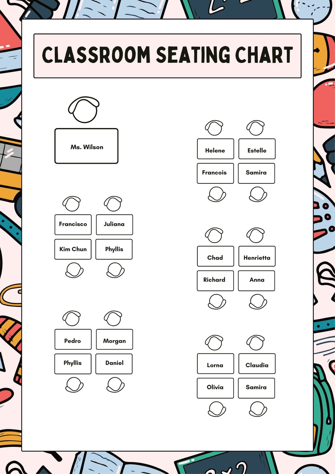 Classroom Seating Chart in White and Pink Doodle Style 