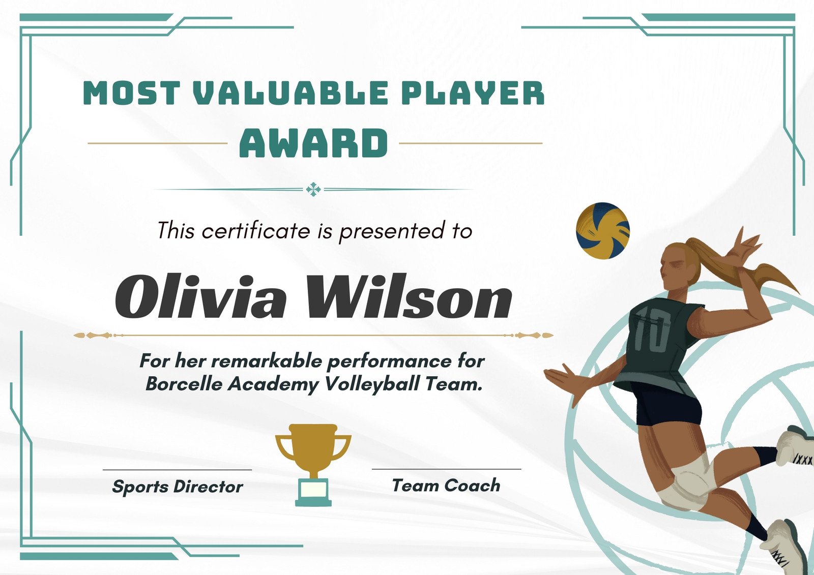 Green and White Bold and Simple Volleyball MVP Sports Certificate