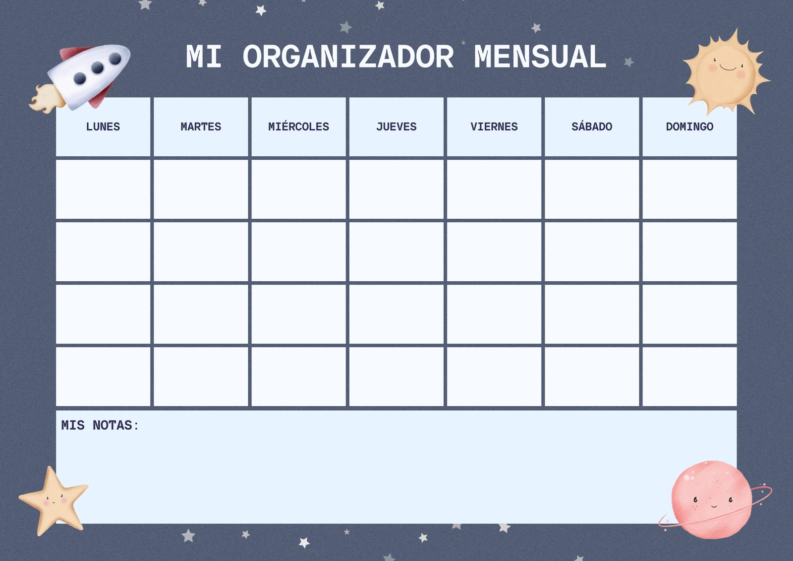 Organizador Gráfico Calendario Mensual Infantil Azul