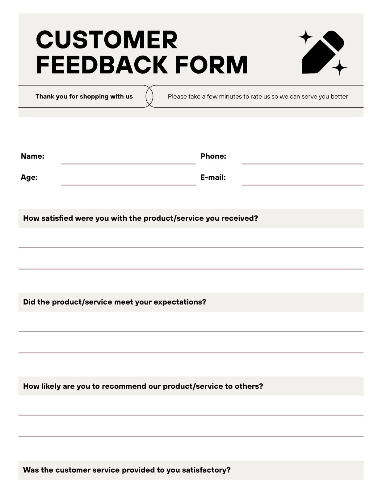 Customer Feedback Form Doc 