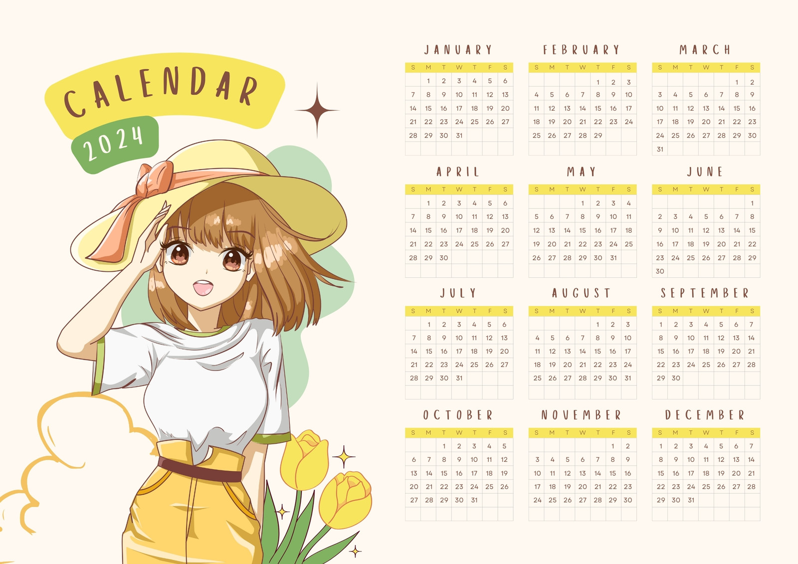 2024 Calendar Anime Printable Bookmarks Free Printable Monthly