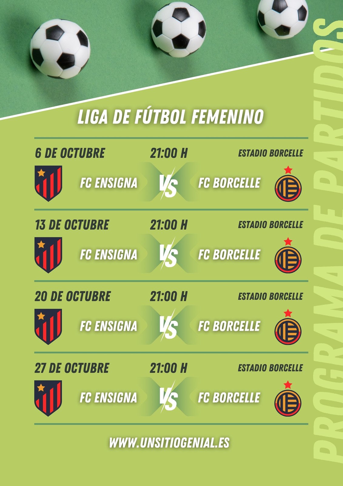 Programa Calendario Liga Fútbol Mensual Simple Verde