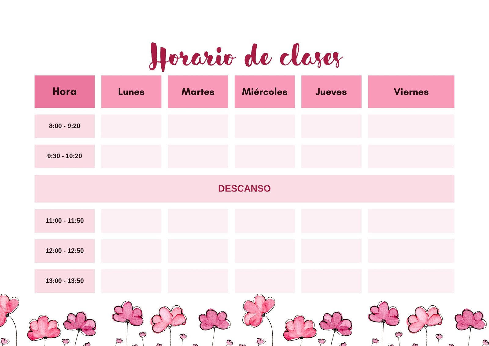 Horario de clases floral rosa