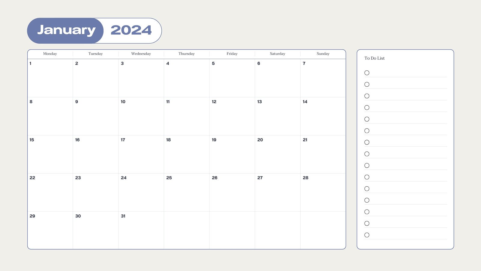 Blue white Minimalist 2024 Monthly Calendar