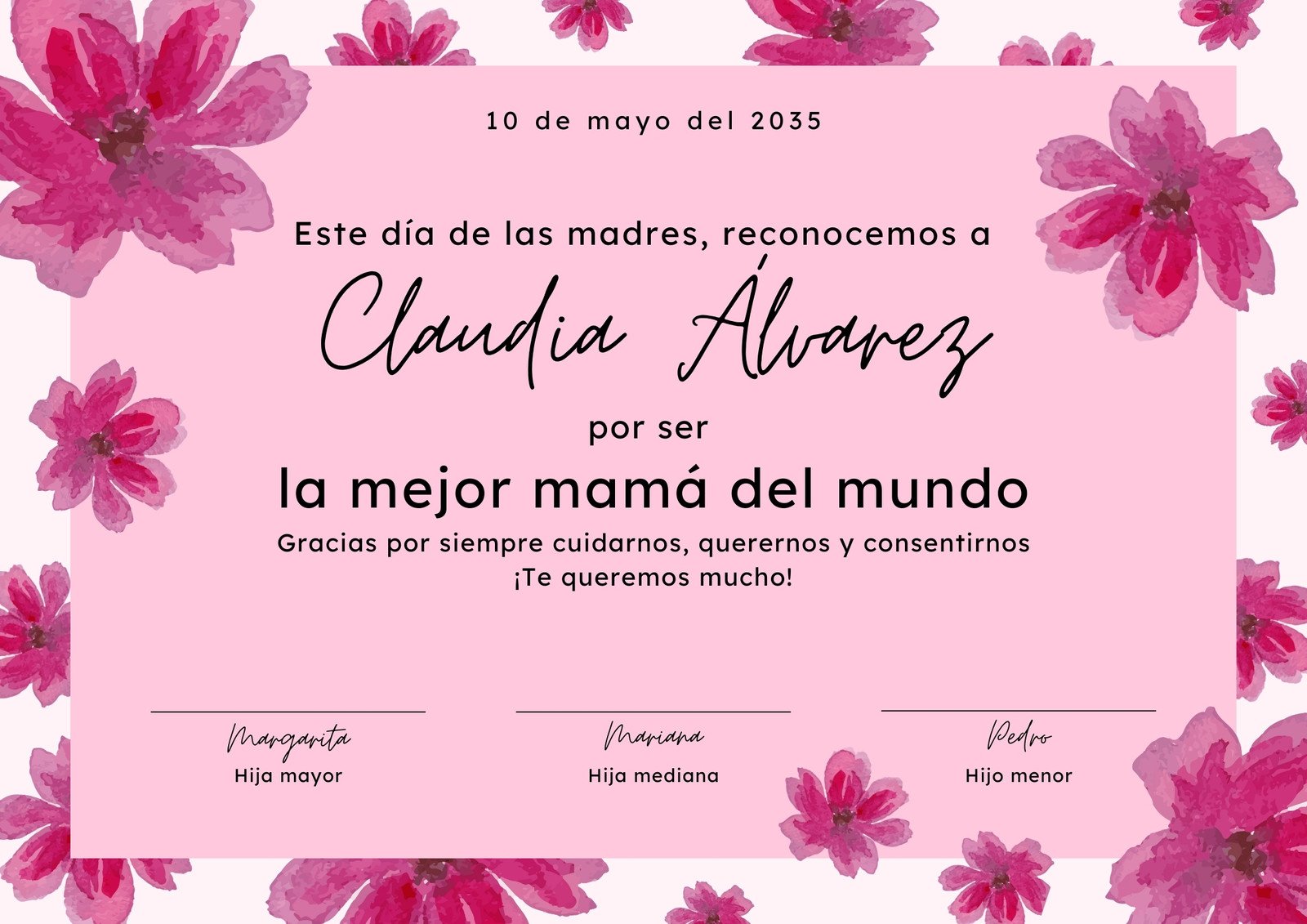 Diploma certificado día de las madres floral acuarela rosa