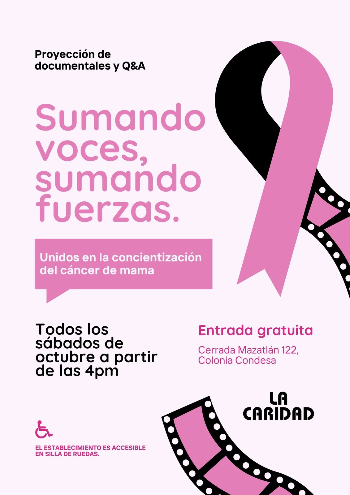 Póster sobre evento concientización cáncer de mama ilustrado vintage rosa claro y negro