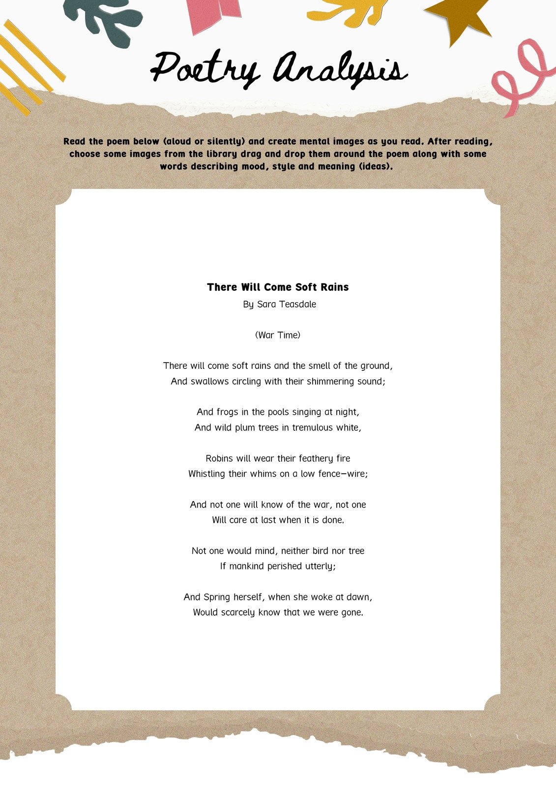 Poetry Analysis Digital and Printable Worksheet in Brown Colourful Scrapbook Style 