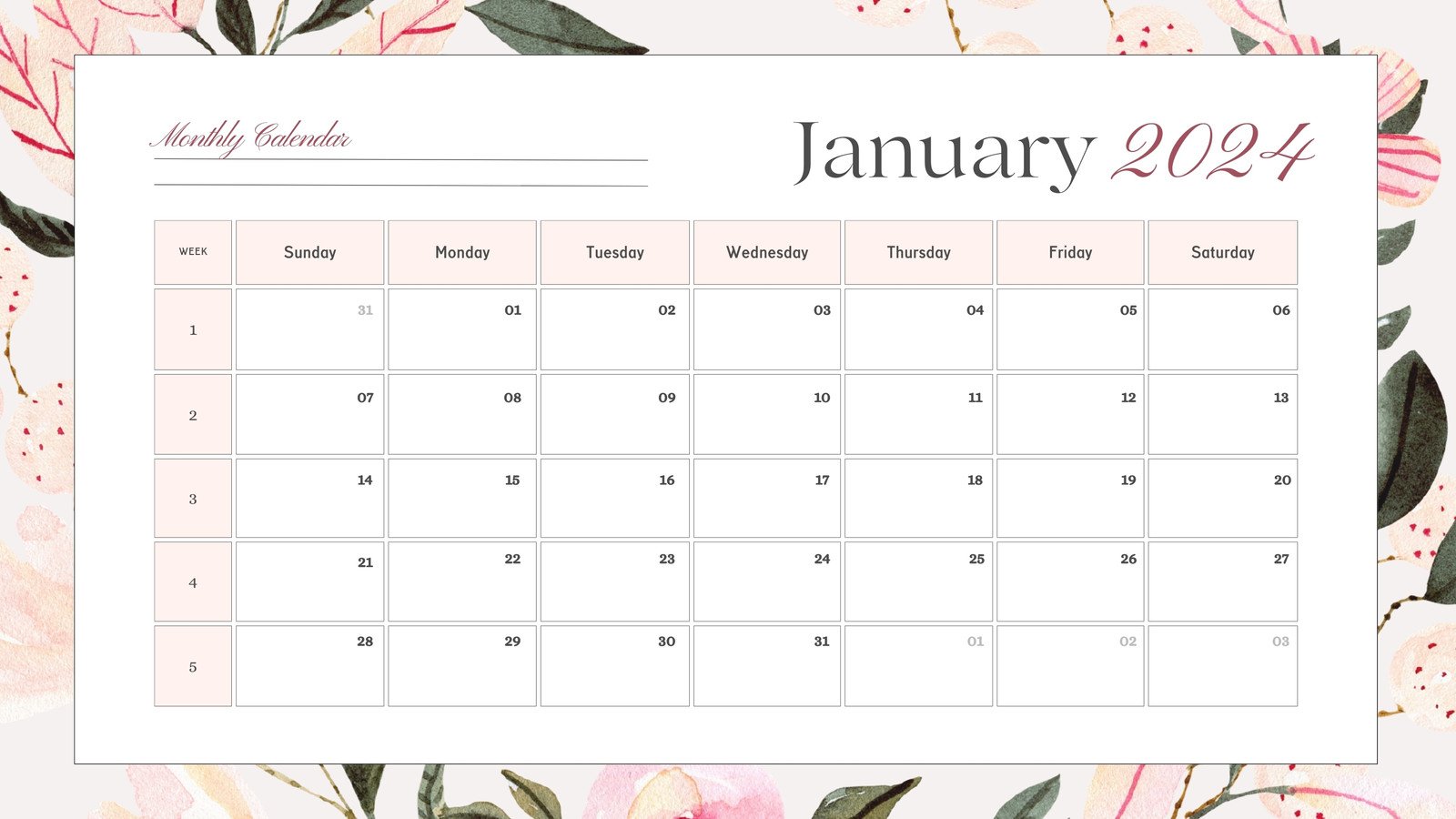 Pink and White Elegant Floral 2024 Monthly Calendar
