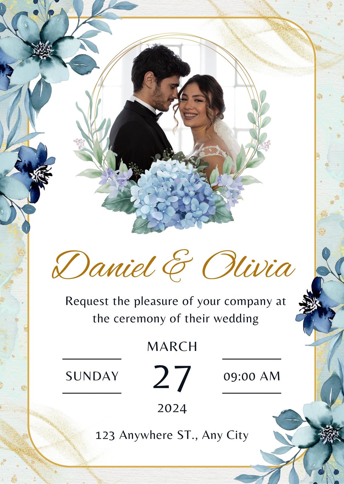 Blue and White Floral Wedding Invitation