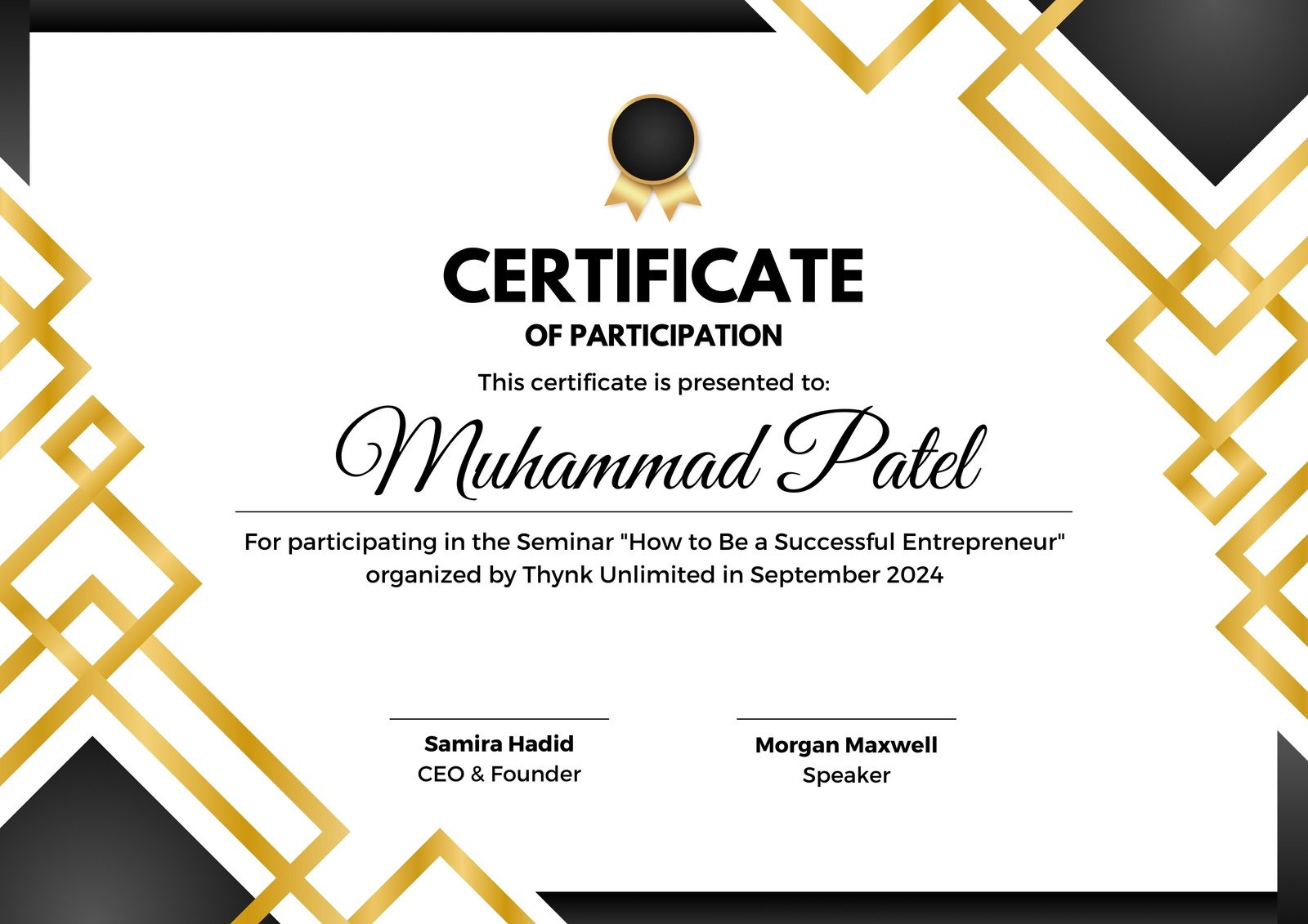 Black Gold and White Seminar Participation Certificate