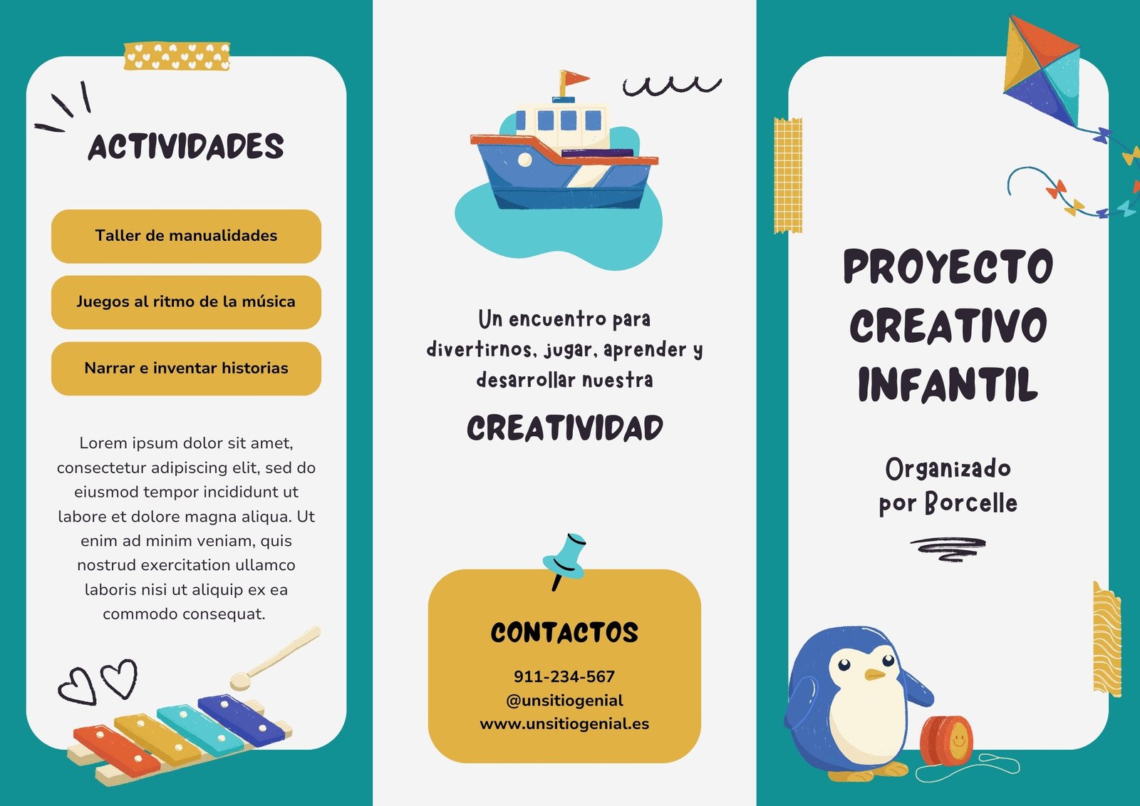 Folleto Tríptico Proyecto Creativo Infantil Ilustrado Doodle Multicolor