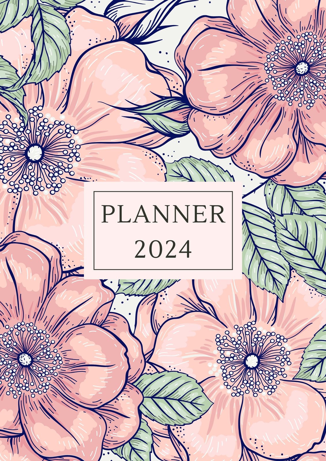 Pink and Grey Simple Floral Monthly 2024 Planner