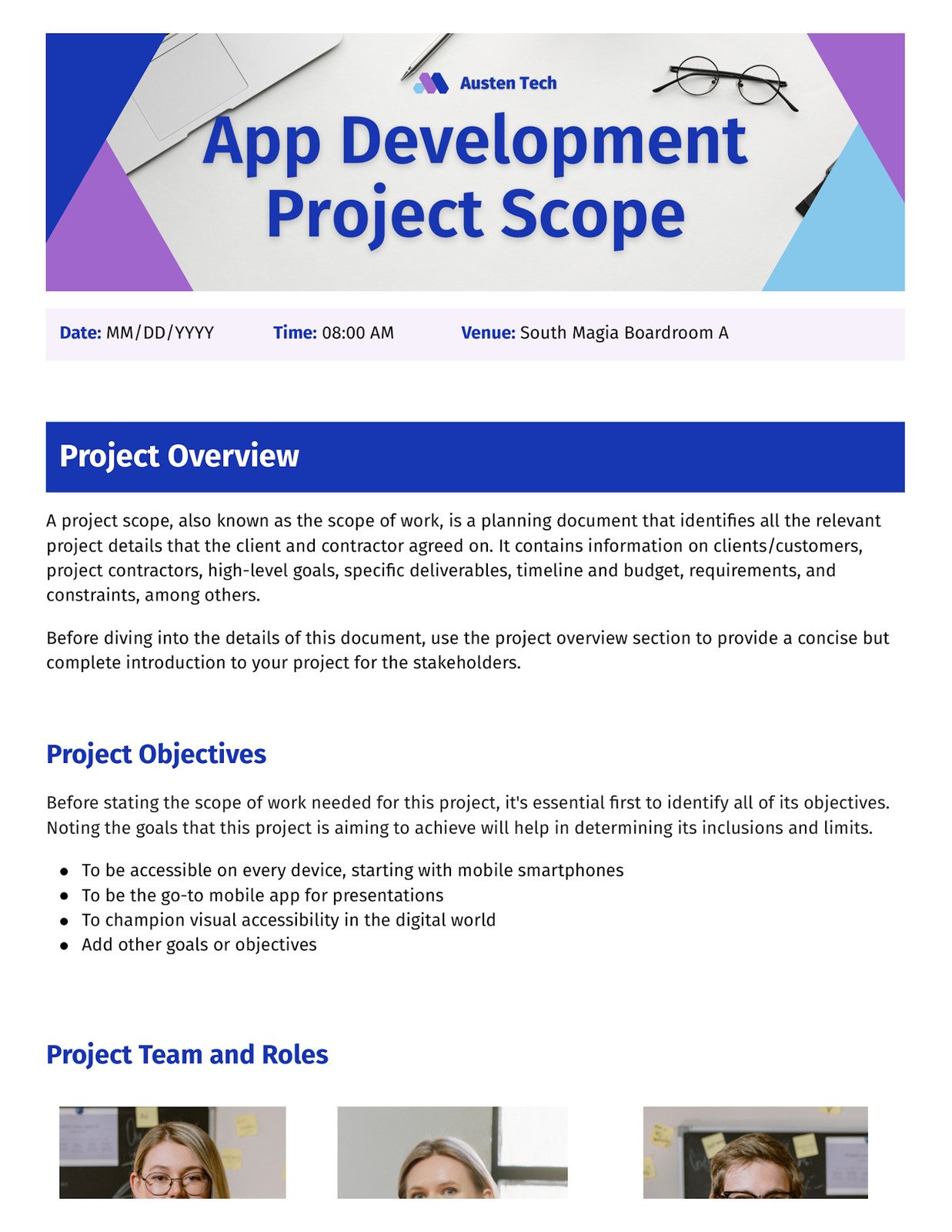 Project Scope Doc in Blue Purple Corporate Geometric Style