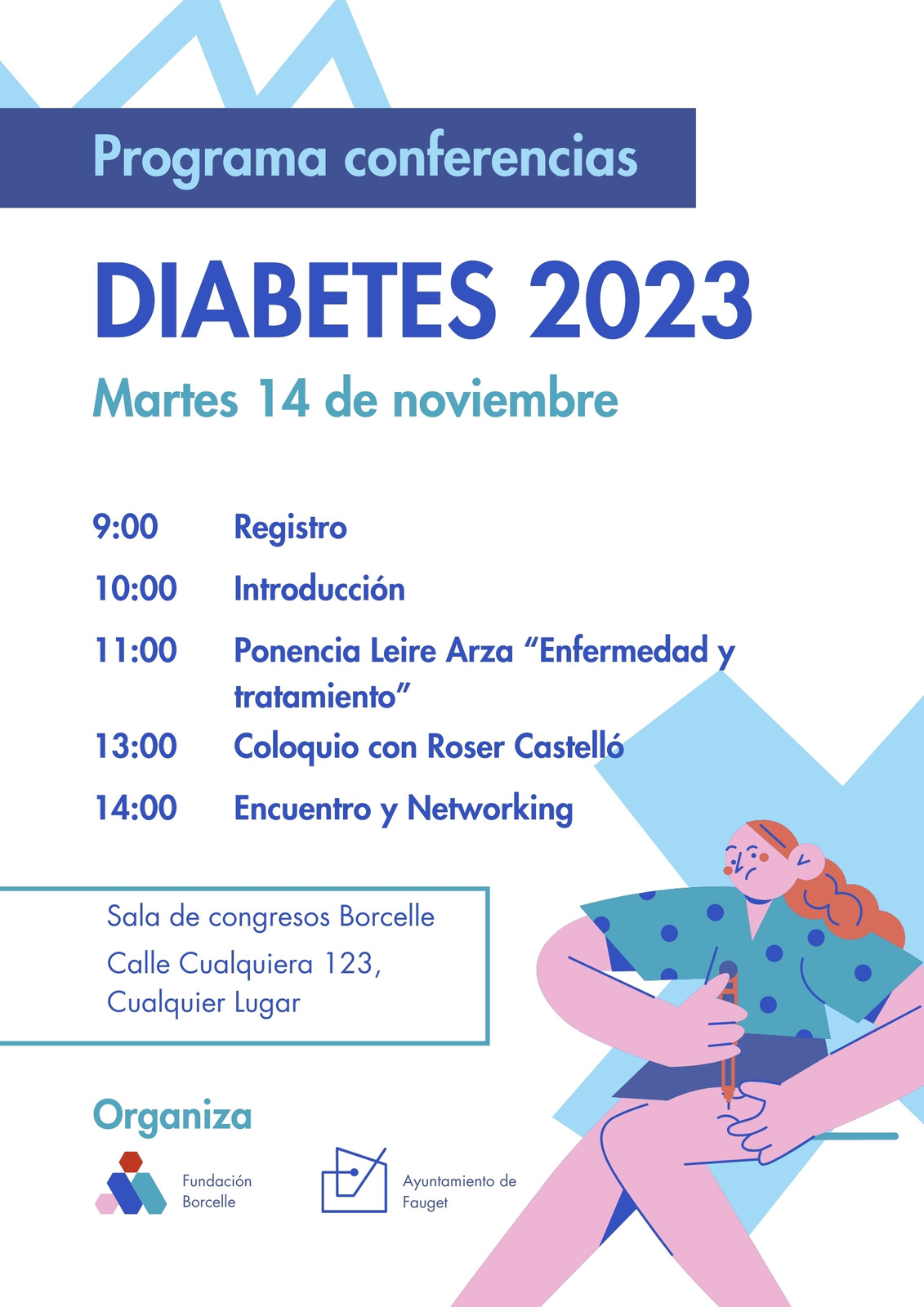 Programa conferencias diabetes ilustrado blanco azul