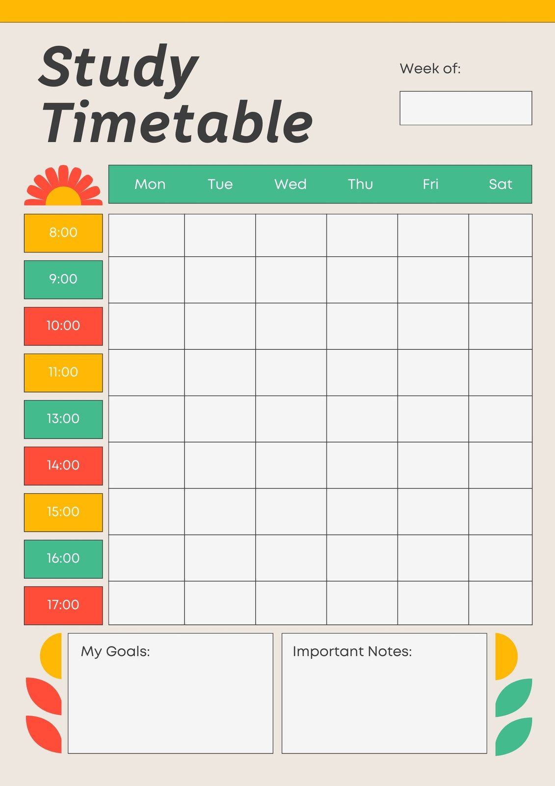 Green Yellow Simple Modern Study Timetable Planner