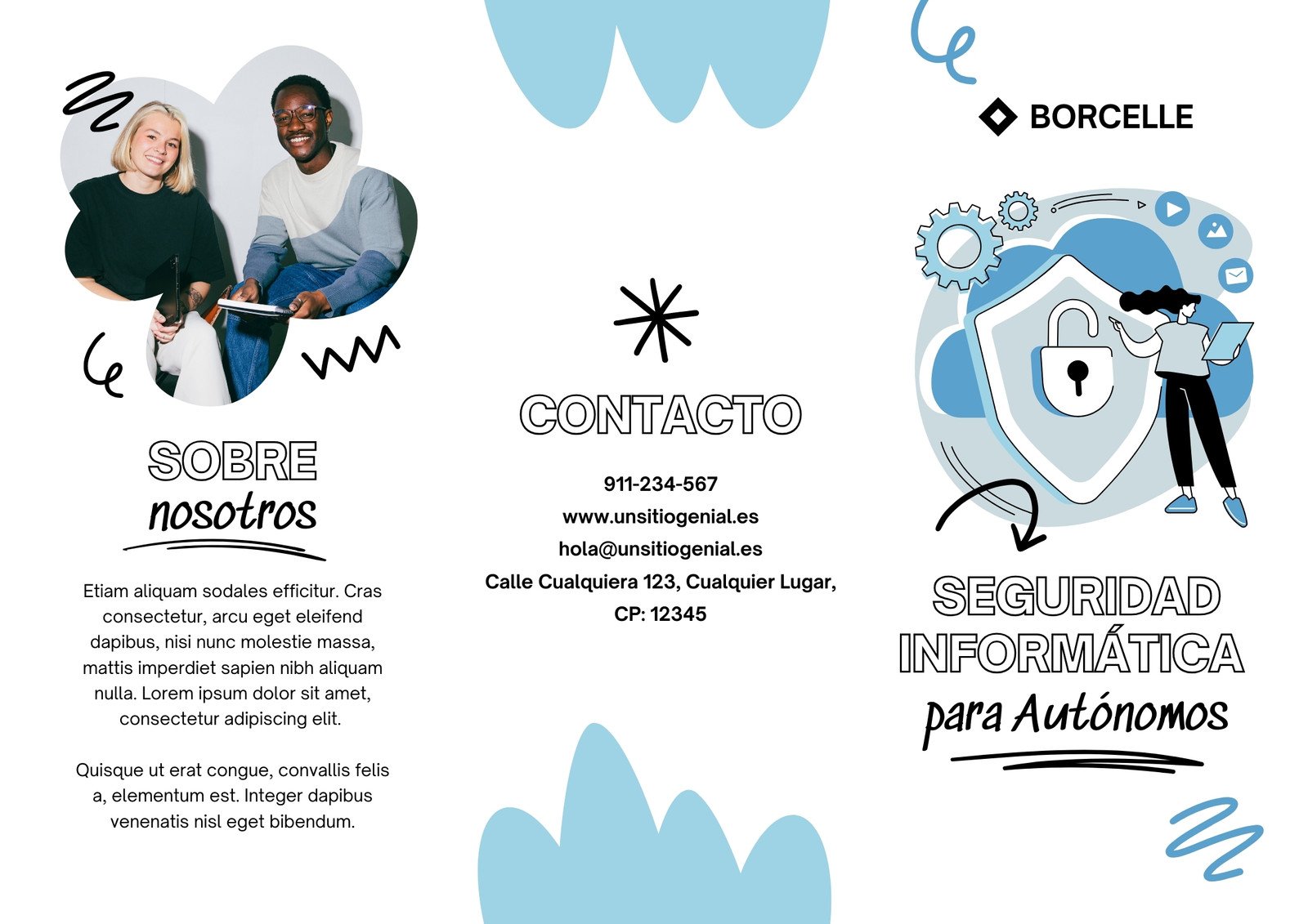 Folleto Tríptico Servicio Profesional Doodle Creativo Azul y Blanco