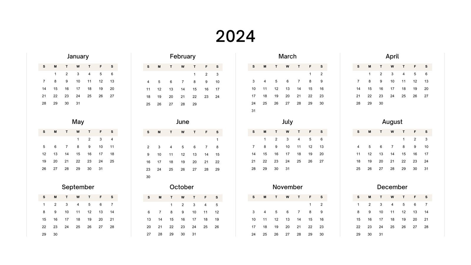 White Simple 2024 Year Monthly Calendar