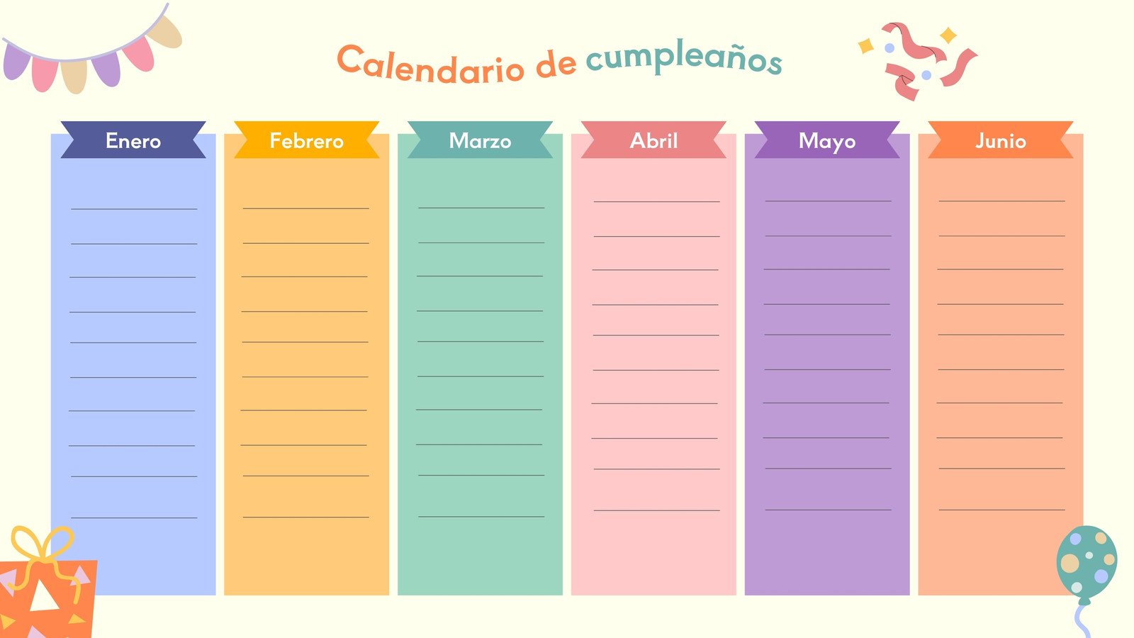 Calendario de cumpleaños infantil colorido 